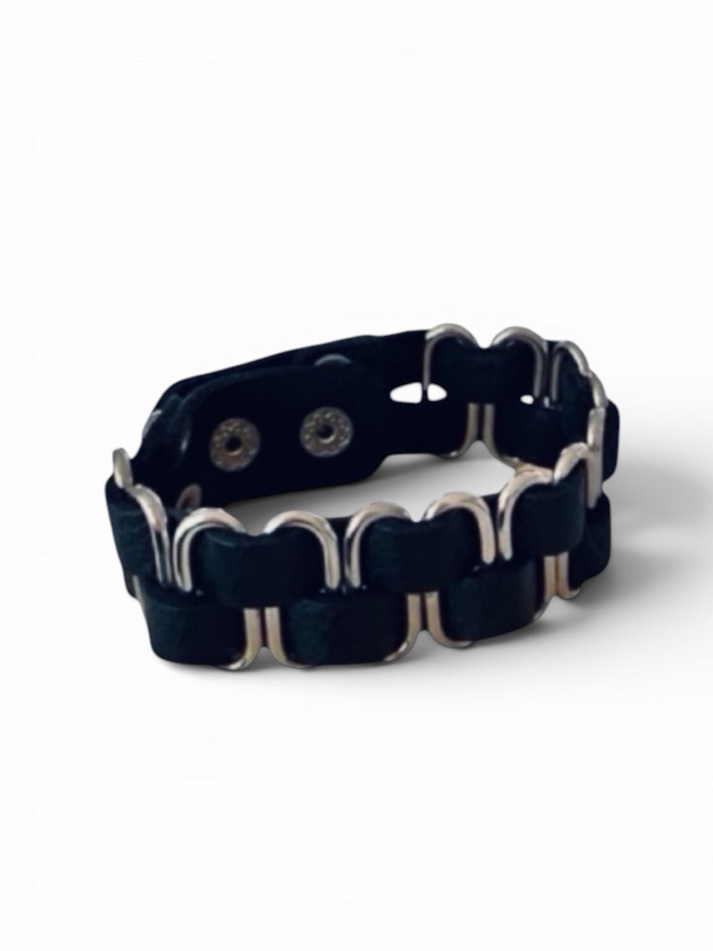 BeBe Black Leather and Silver Woven Bracelet